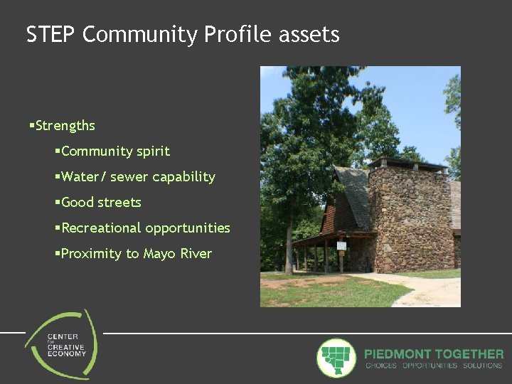 STEP Community Profile assets §Strengths §Community spirit §Water/ sewer capability §Good streets §Recreational opportunities