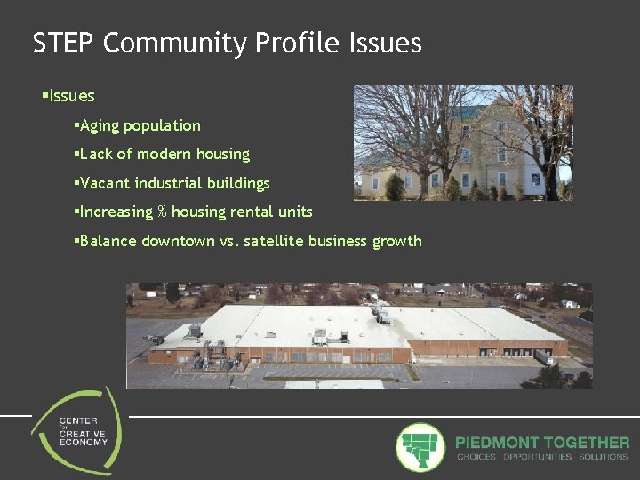 STEP Community Profile Issues §Aging population §Lack of modern housing §Vacant industrial buildings §Increasing