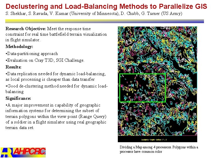Declustering and Load-Balancing Methods to Parallelize GIS S. Shekhar, S. Ravada, V. Kumar (University