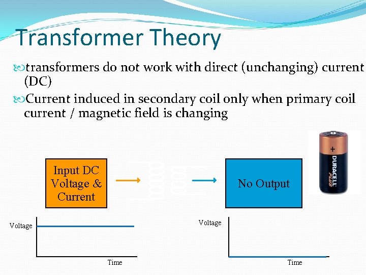 Transformer Theory transformers do not work with direct (unchanging) current (DC) Current induced in