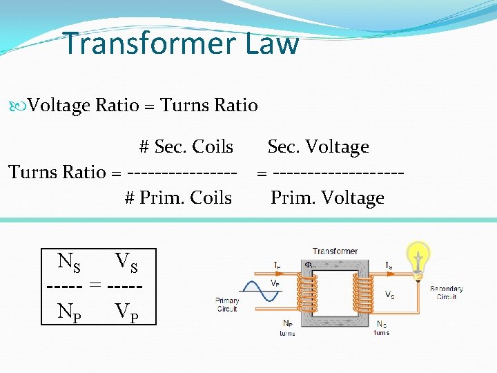 Transformer Law Voltage Ratio = Turns Ratio # Sec. Coils Turns Ratio = --------#