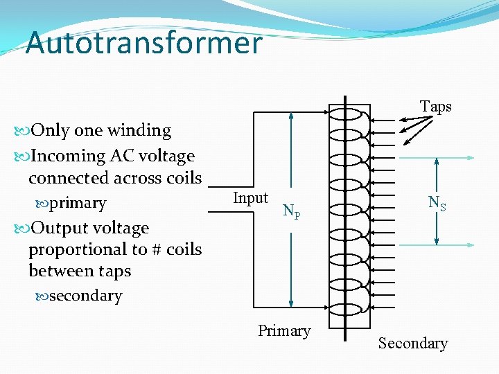 Autotransformer Taps Only one winding Incoming AC voltage connected across coils primary Output voltage