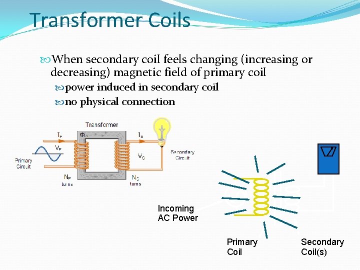 Transformer Coils When secondary coil feels changing (increasing or decreasing) magnetic field of primary