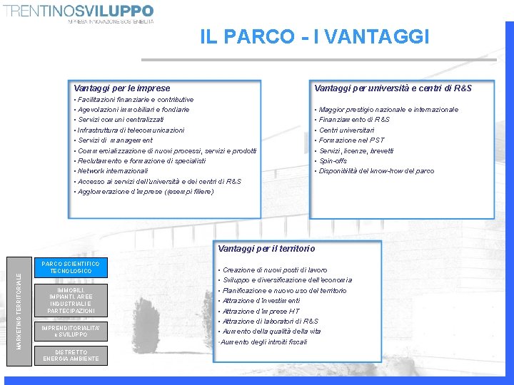 IL PARCO - I VANTAGGI Vantaggi per le imprese Vantaggi per università e centri