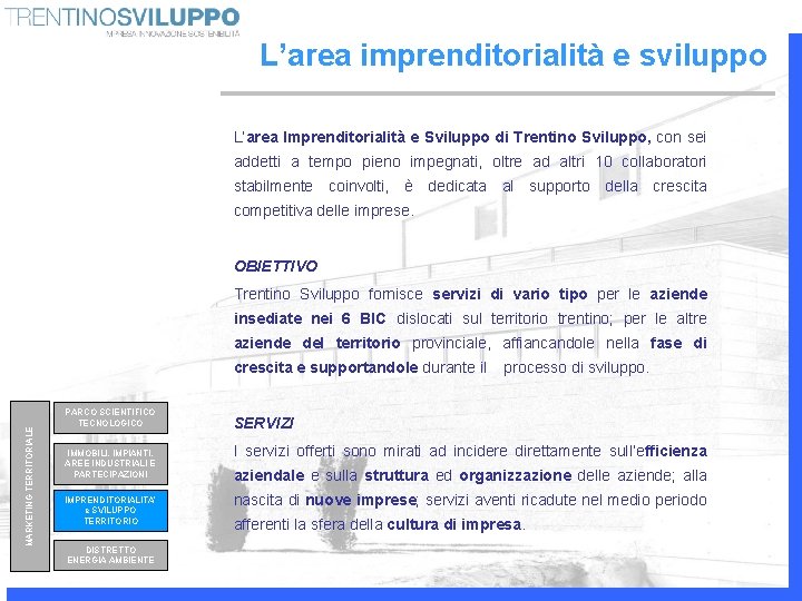 L’area imprenditorialità e sviluppo L’area Imprenditorialità e Sviluppo di Trentino Sviluppo, con sei addetti