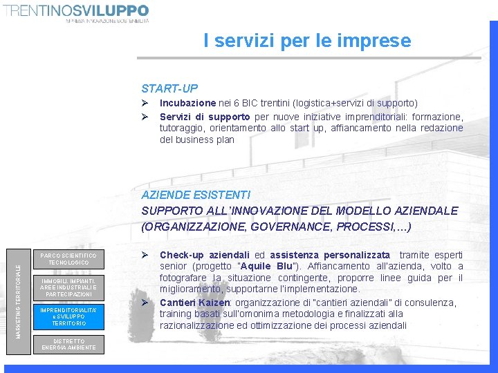 I servizi per le imprese START-UP Ø Ø Incubazione nei 6 BIC trentini (logistica+servizi