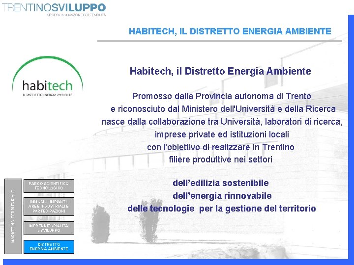 HABITECH, IL DISTRETTO ENERGIA AMBIENTE Habitech, il Distretto Energia Ambiente MARKETING TERRITORIALE Promosso dalla