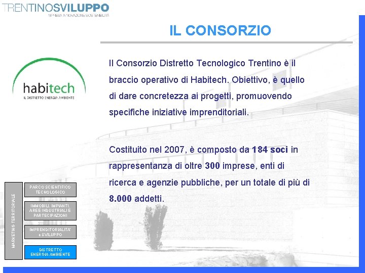 IL CONSORZIO Il Consorzio Distretto Tecnologico Trentino è il braccio operativo di Habitech. Obiettivo,