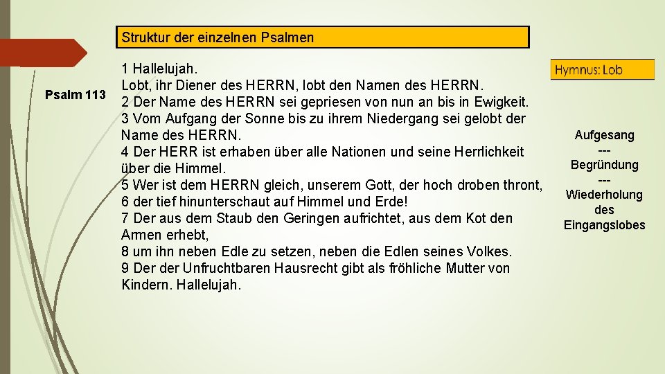 Struktur der einzelnen Psalm 113 1 Hallelujah. Lobt, ihr Diener des HERRN, lobt den