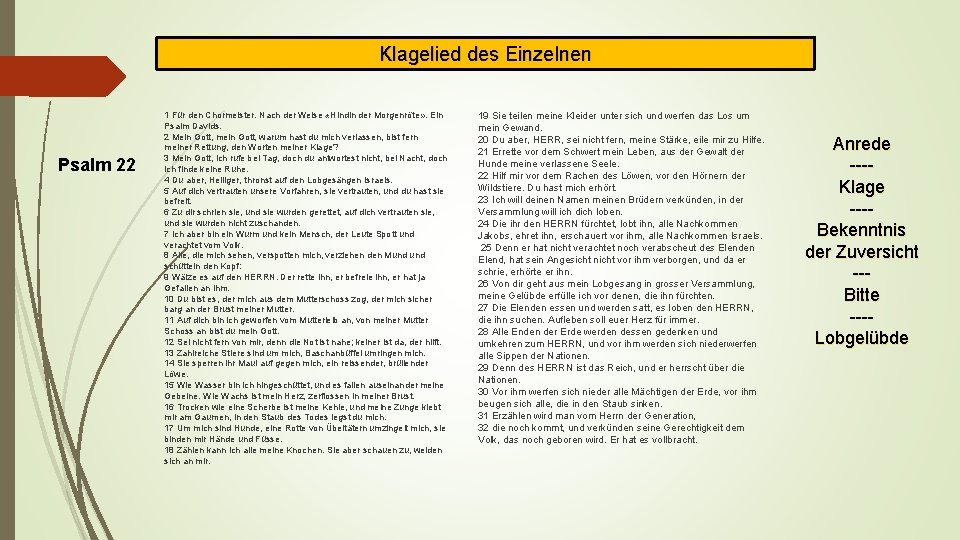 Klagelied des Einzelnen Psalm 22 1 Für den Chormeister. Nach der Weise «Hindin der