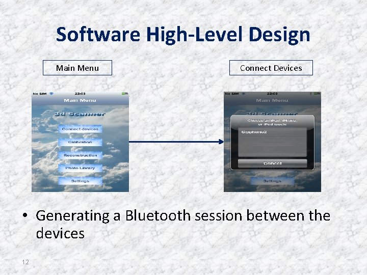 Software High-Level Design Main Menu Connect Devices • Generating a Bluetooth session between the