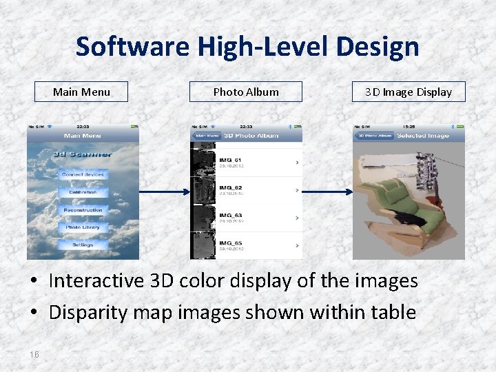 Software High-Level Design Main Menu Photo Album 3 D Image Display • Interactive 3