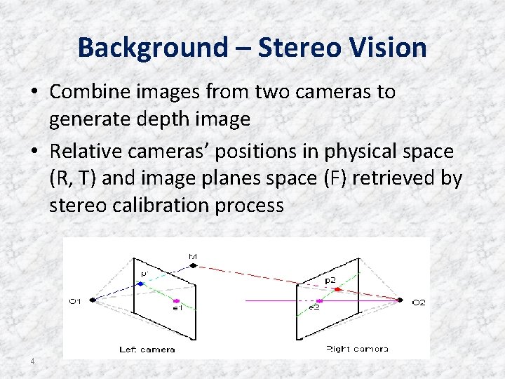 Background – Stereo Vision • Combine images from two cameras to generate depth image