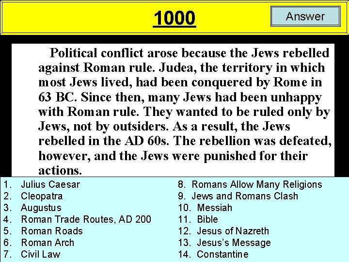 1000 Answer Political conflict arose because the Jews rebelled against Roman rule. Judea, the