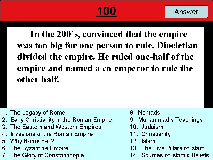 100 Answer In the 200’s, convinced that the empire was too big for one