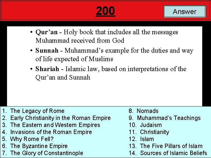 200 Answer • Qur’an - Holy book that includes all the messages Muhammad received