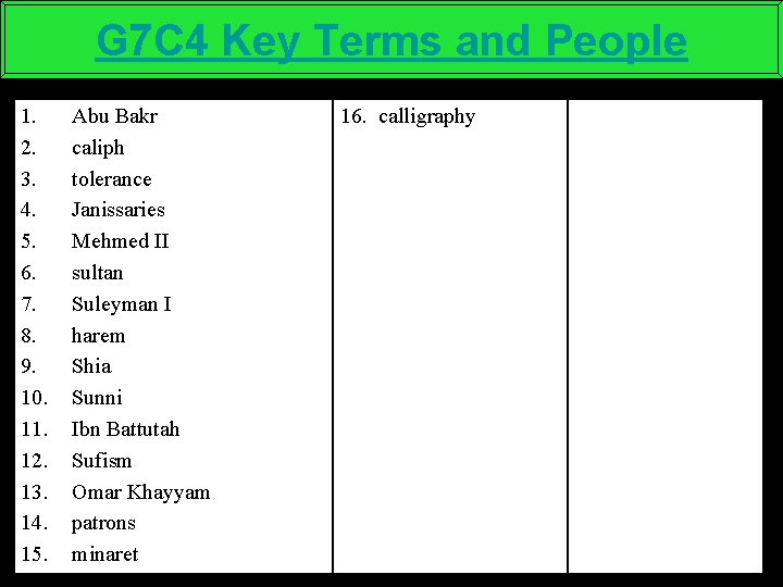 G 7 C 4 Key Terms and People 1. 2. 3. 4. 5. 6.