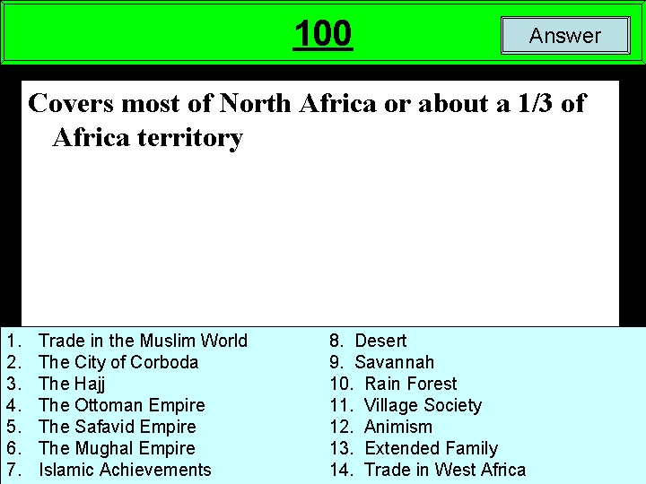 100 Answer Covers most of North Africa or about a 1/3 of Africa territory