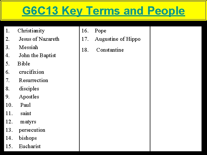 G 6 C 13 Key Terms and People 1. Christianity 2. Jesus of Nazareth