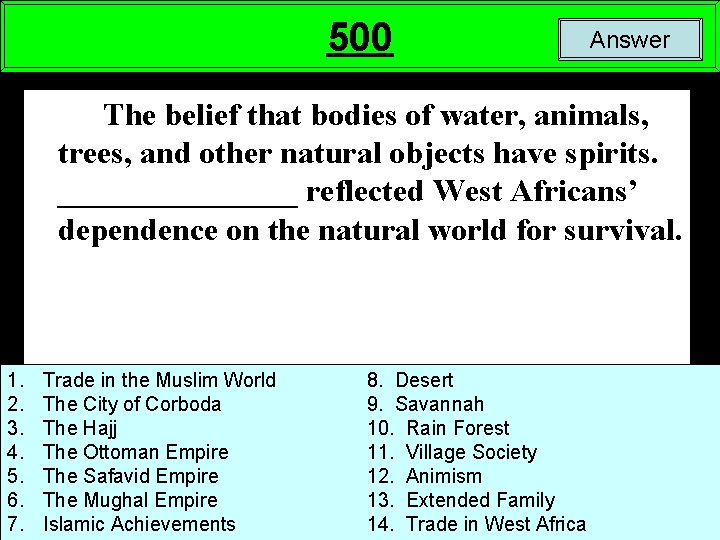 500 Answer The belief that bodies of water, animals, trees, and other natural objects