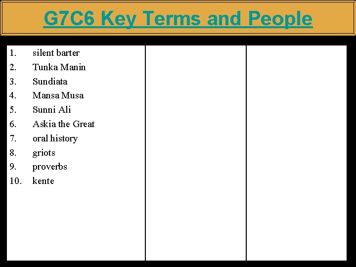 G 7 C 6 Key Terms and People 1. 2. 3. 4. 5. 6.