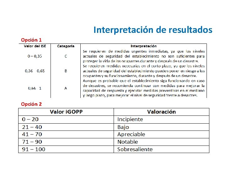 Interpretación de resultados Opción 1 Opción 2 