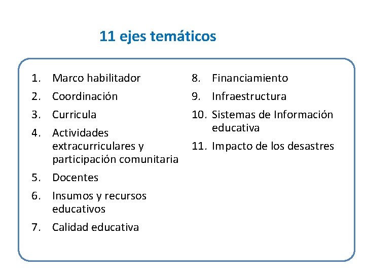 11 ejes temáticos 1. 2. 3. 4. Marco habilitador Coordinación Curricula Actividades extracurriculares y