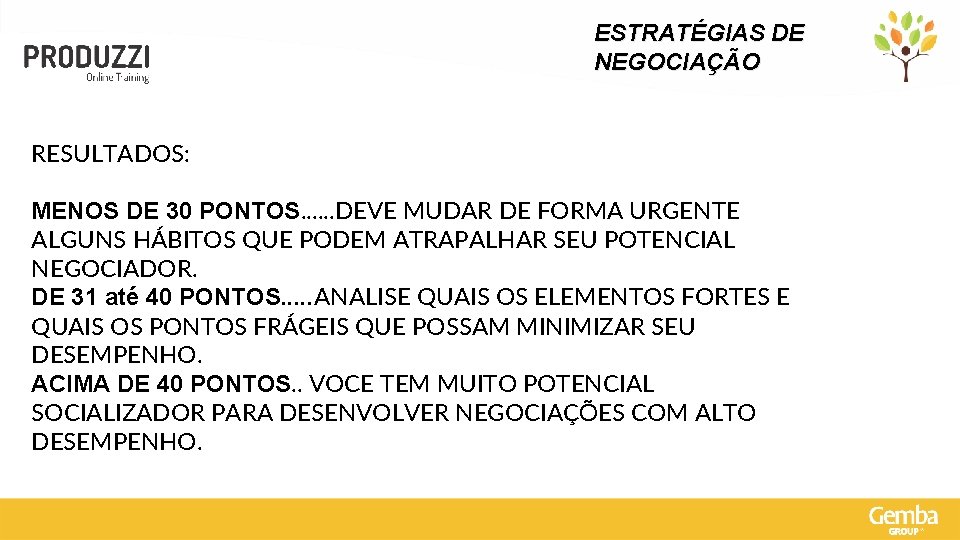 ESTRATÉGIAS DE NEGOCIAÇÃO RESULTADOS: MENOS DE 30 PONTOS. . . DEVE MUDAR DE FORMA