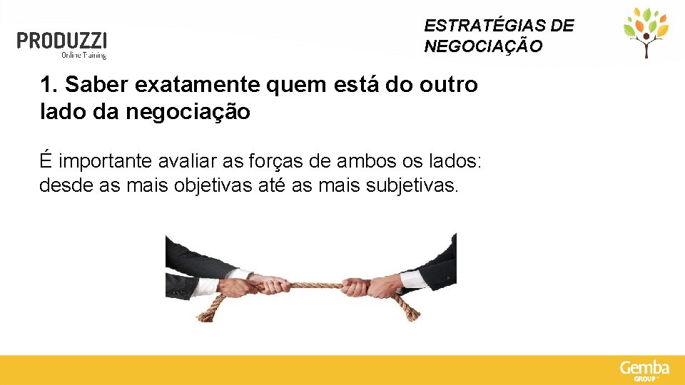 ESTRATÉGIAS DE NEGOCIAÇÃO 1. Saber exatamente quem está do outro lado da negociação É