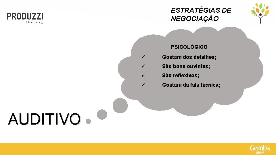 ESTRATÉGIAS DE NEGOCIAÇÃO PSICOLÓGICO AUDITIVO ü Gostam dos detalhes; ü São bons ouvintes; ü