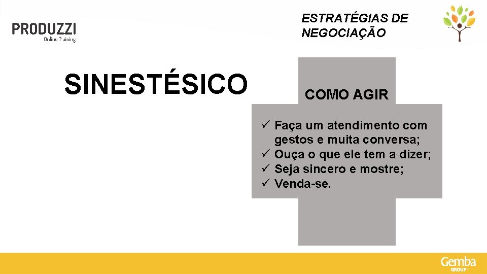 ESTRATÉGIAS DE NEGOCIAÇÃO SINESTÉSICO COMO AGIR ü Faça um atendimento com gestos e muita