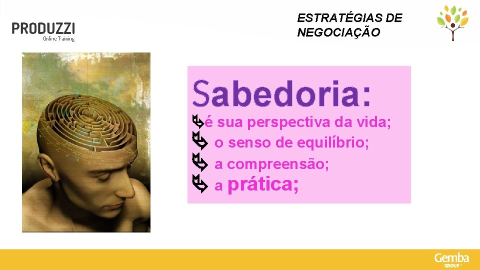 ESTRATÉGIAS DE NEGOCIAÇÃO Sabedoria: é sua perspectiva da vida; o senso de equilíbrio; a