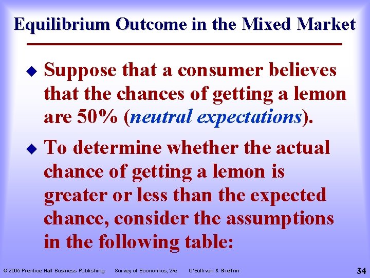 Equilibrium Outcome in the Mixed Market Suppose that a consumer believes that the chances