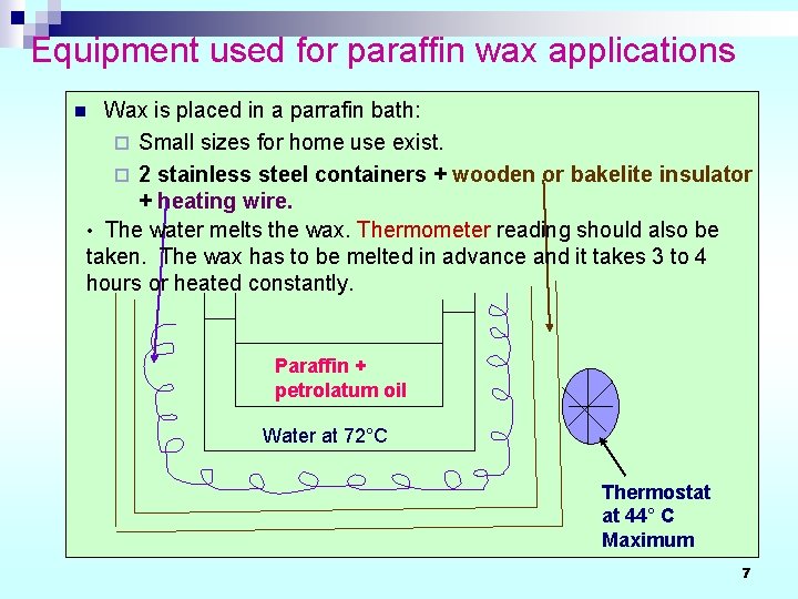 Equipment used for paraffin wax applications Wax is placed in a parrafin bath: ¨