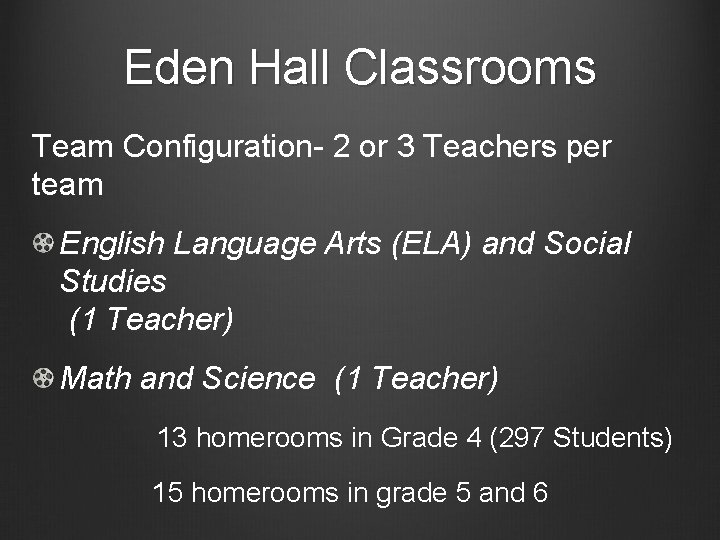 Eden Hall Classrooms Team Configuration- 2 or 3 Teachers per team English Language Arts