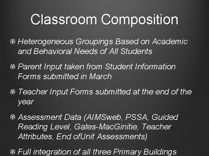 Classroom Composition Heterogeneous Groupings Based on Academic and Behavioral Needs of All Students Parent