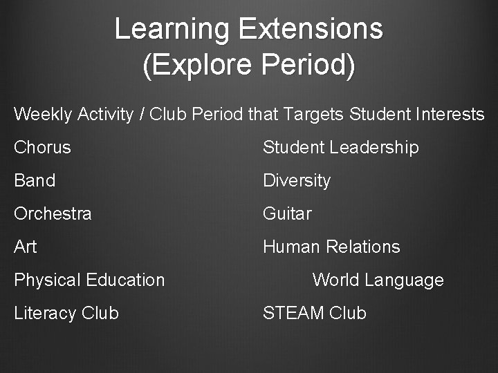 Learning Extensions (Explore Period) Weekly Activity / Club Period that Targets Student Interests Chorus
