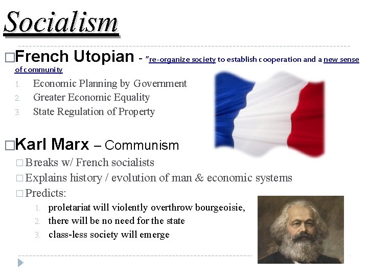 Socialism �French of community 1. 2. 3. Utopian - “re-organize society to establish cooperation