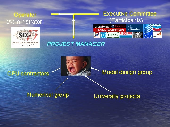 Executive Committee (Participants) Operator (Administrator) PROJECT MANAGER CPU contractors Numerical group Model design group