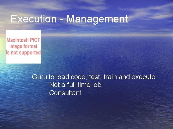 Execution - Management Guru to load code, test, train and execute Not a full