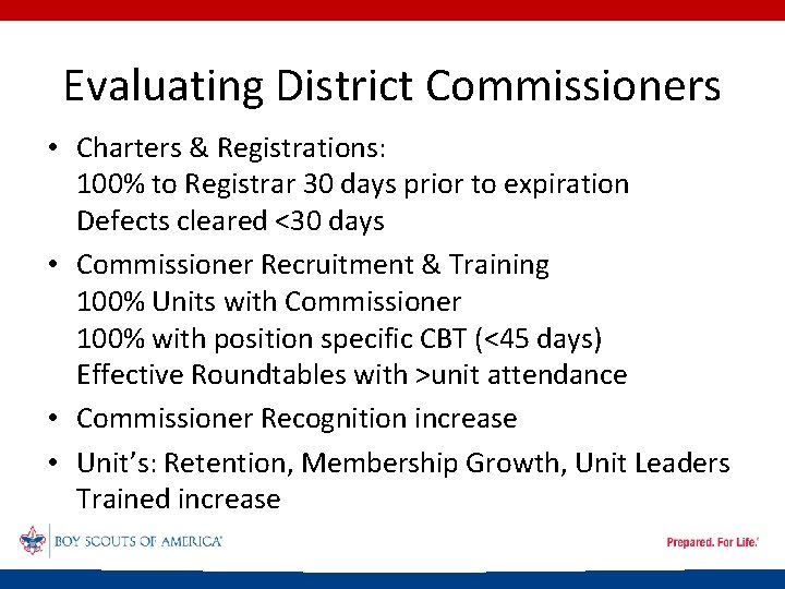 Evaluating District Commissioners • Charters & Registrations: 100% to Registrar 30 days prior to