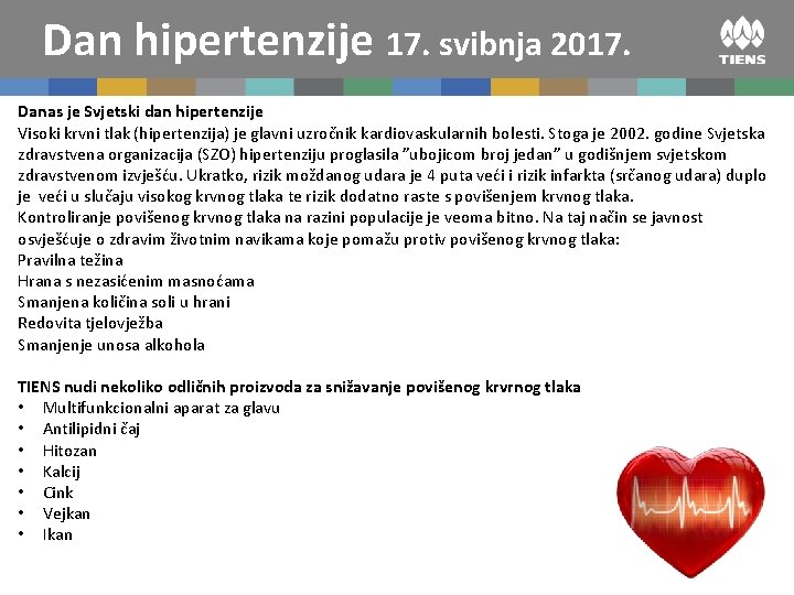 Dan hipertenzije 17. svibnja 2017. Danas je Svjetski dan hipertenzije Visoki krvni tlak (hipertenzija)