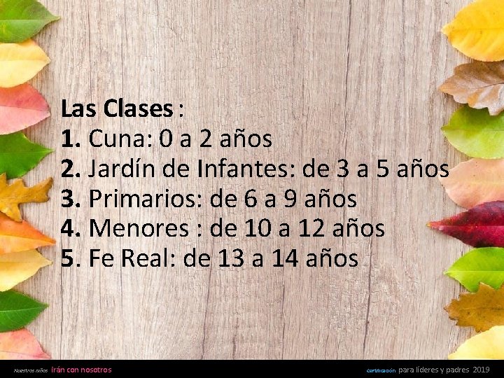 Las Clases : 1. Cuna: 0 a 2 años 2. Jardín de Infantes: de