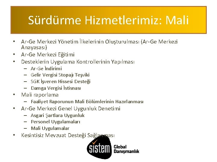 Sürdürme Hizmetlerimiz: Mali • Ar-Ge Merkezi Yönetim İlkelerinin Oluşturulması (Ar-Ge Merkezi Anayasası) • Ar-Ge