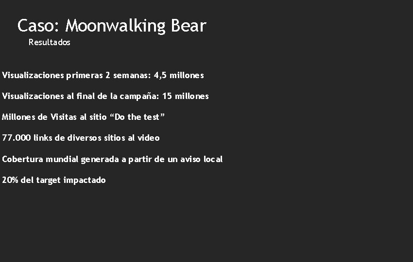 Caso: Moonwalking Bear Resultados Visualizaciones primeras 2 semanas: 4, 5 millones Visualizaciones al final