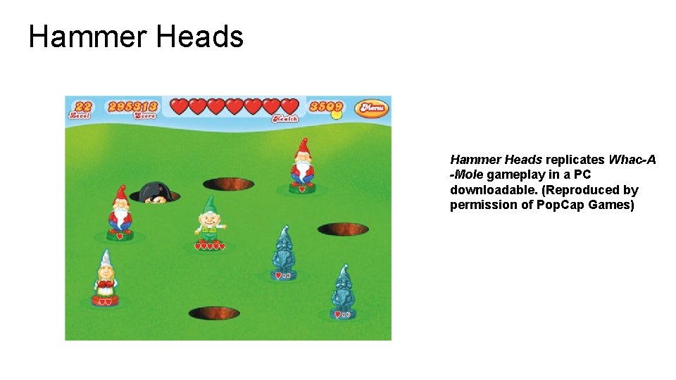 Hammer Heads replicates Whac-A -Mole gameplay in a PC downloadable. (Reproduced by permission of