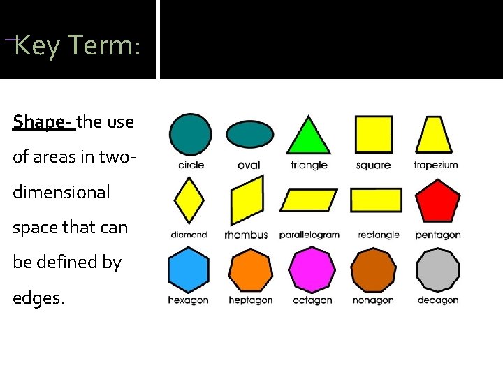 Key Term: Shape- the use of areas in twodimensional space that can be Key Term: Shape- the use of areas in twodimensional space that can be