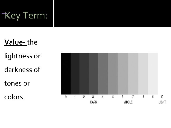 Key Term: Value- the lightness or darkness of tones or colors. Key Term: Value- the lightness or darkness of tones or colors.