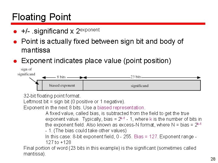 Floating Point l l l +/-. significand x 2 exponent Point is actually fixed