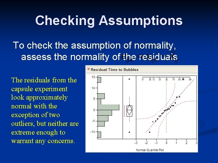 Checking Assumptions To check the assumption of normality, assess the normality of the residuals